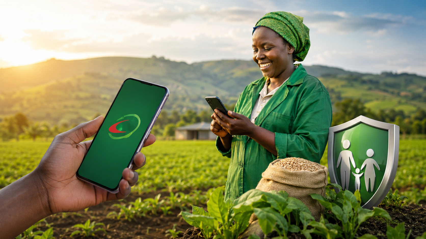 Smartphone held in foreground next to a smiling woman in a field using her device.