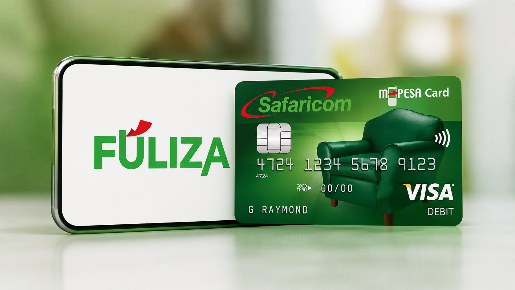 Fuliza and M-Pesa GlobalPay card illustrating overdraft access for online Visa payments.