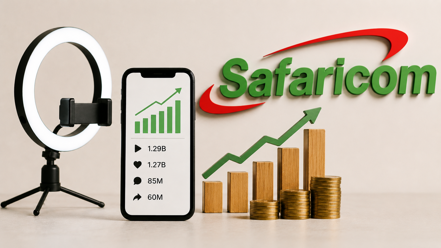 Smartphone showing creator engagement metrics beside the Safaricom logo, rising growth charts and coins representing Kenya’s growing creator economy.