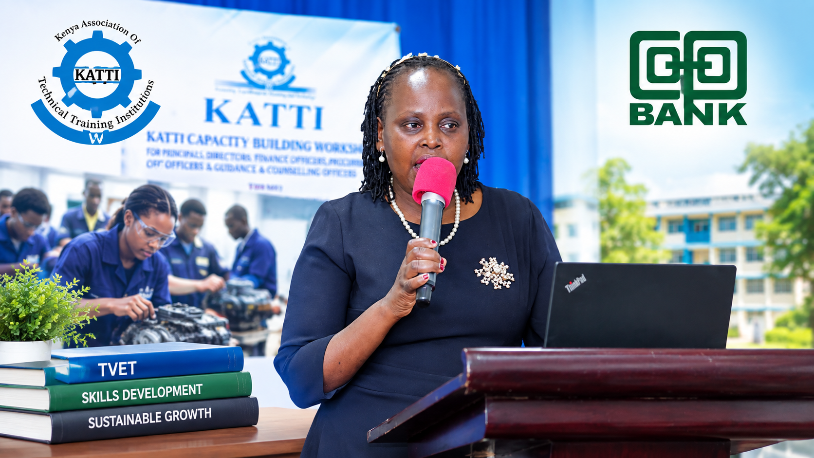 KATTI capacity building workshop featuring a speaker, Cooperative Bank and KATTI branding, and technical training activities