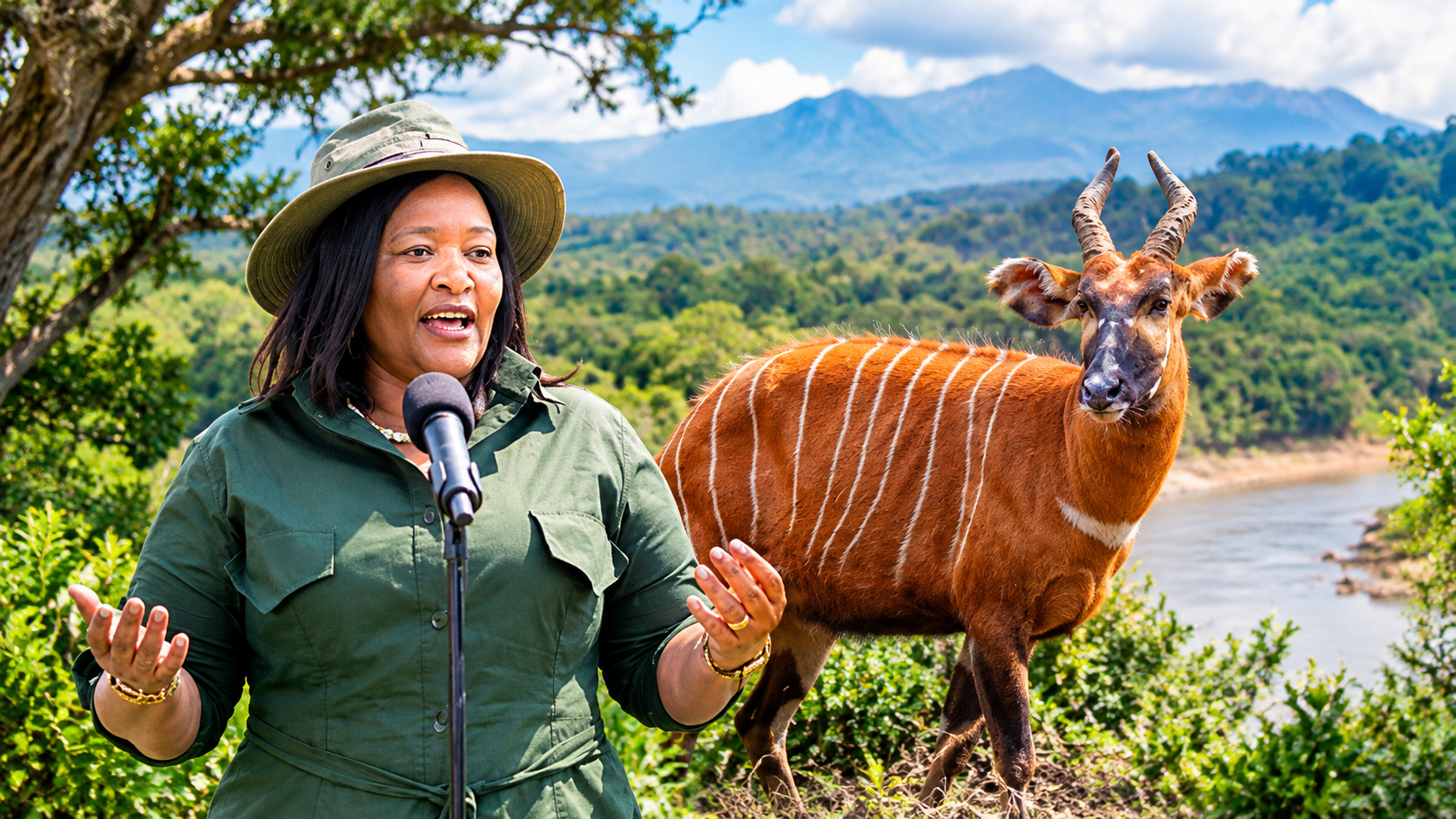 Rebecca Miano speaks beside a mountain bongo against a forest and mountain landscape during Kenya’s conservation efforts.