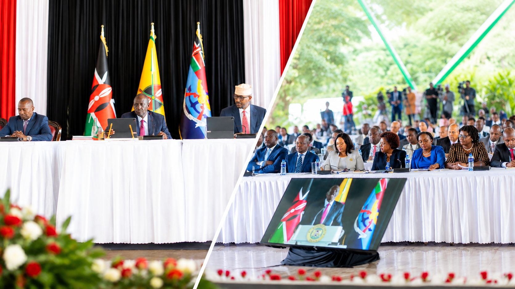 President William Ruto seated with senior officials during a National and County Government Coordinating Summit in Nairobi.