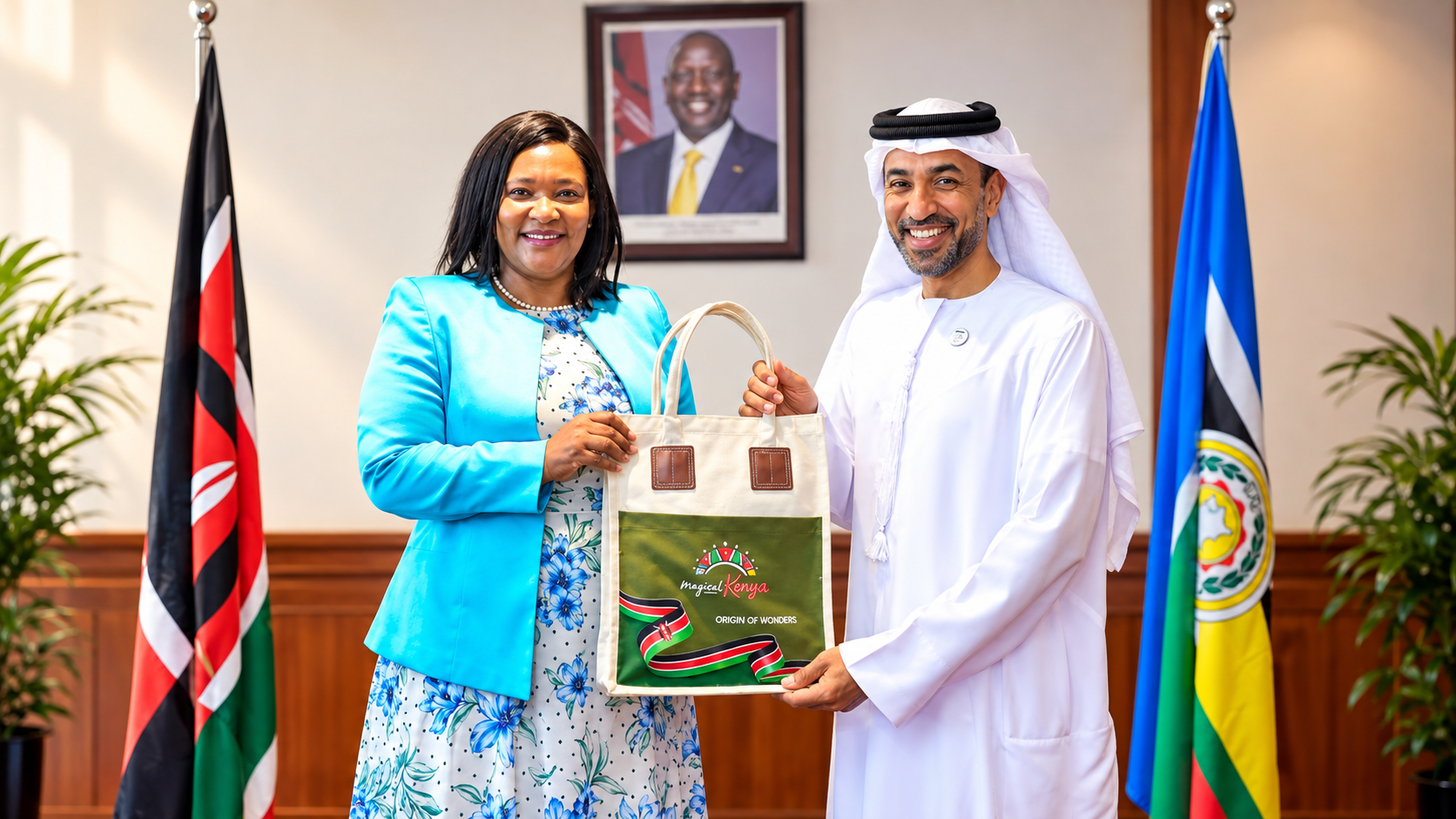 Kenya Tourism Cabinet Secretary Rebecca Miano and a UAE representative hold a Magical Kenya gift during tourism talks in Nairobi.