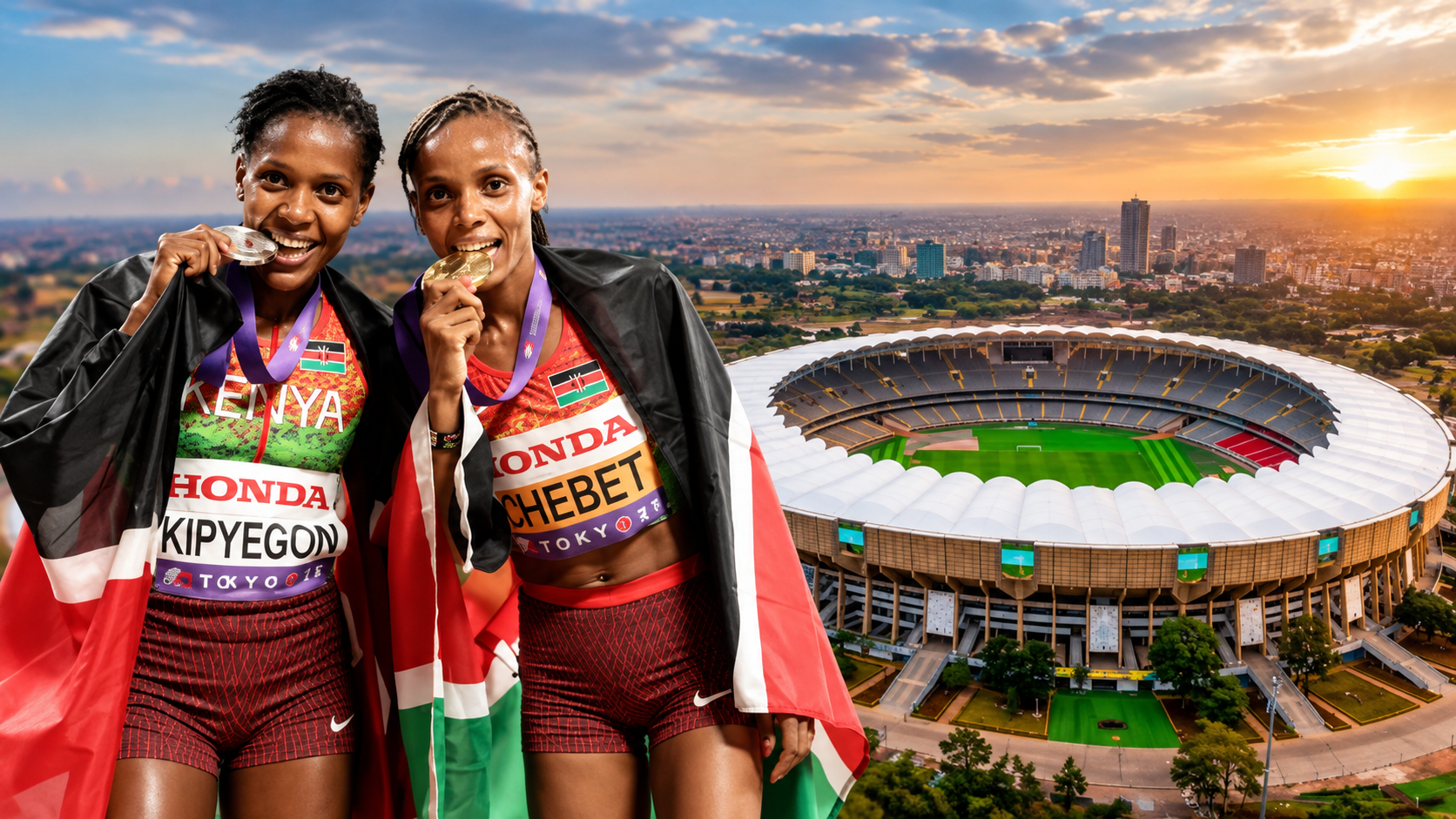 Kasarani Stadium in Nairobi with two Kenyan athletes holding medals in front of a city skyline.