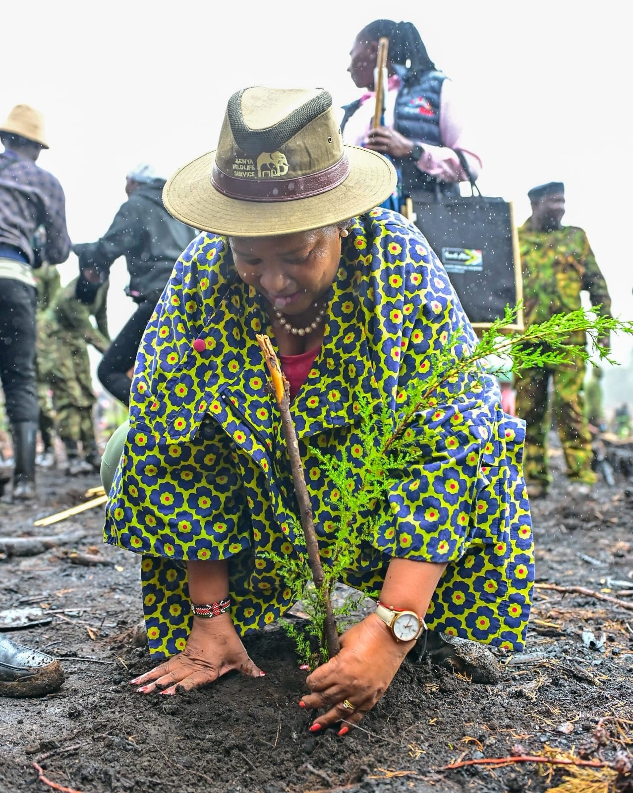 CS Rebecca Miano digging in to plant a seedling at Kiburu Forest during Mazingira Day to support ecosystem restoration and protect local water sources